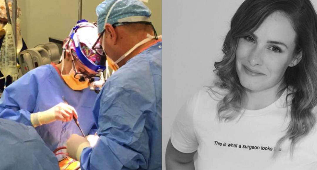 Dr Nikki Stamp in the operating theatre and wearing an #ILookLikeASurgeon campaign T-shirt.