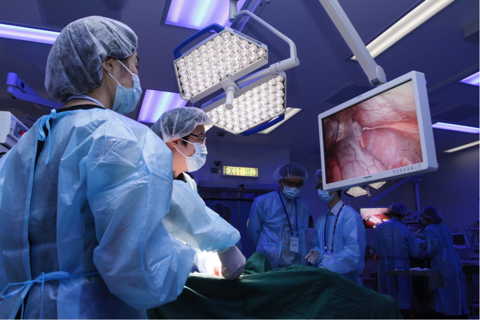 Surgeons watching a video of a laparoscopic procedure